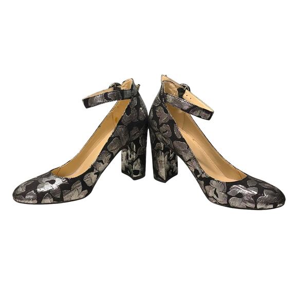 Marc Fisher Black Silver Metallic Block Heels Ankle Strap Flowers Brocade 6 - Picture 3 of 10
